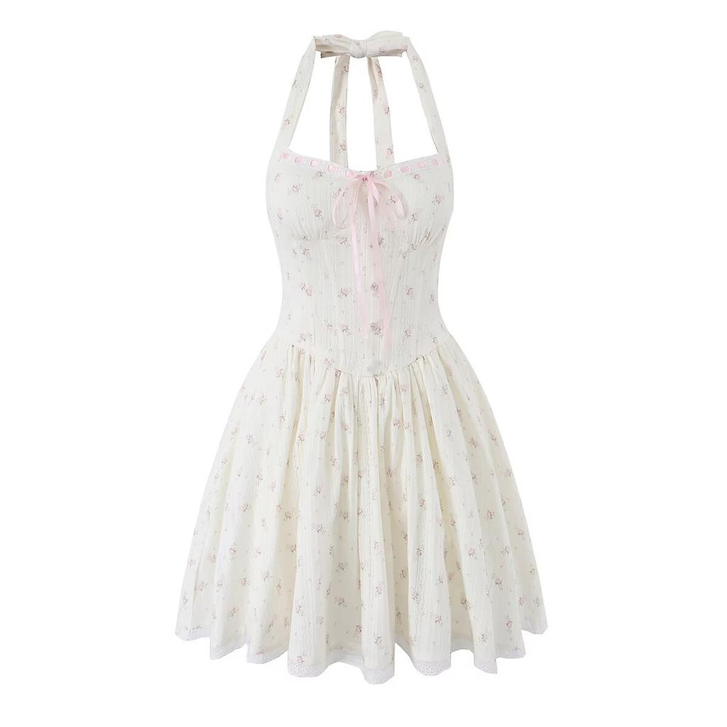 New French Retro Sweet Floral Fishbone Waist Lace Splicing Lace Fluffy Neck Dress Dress