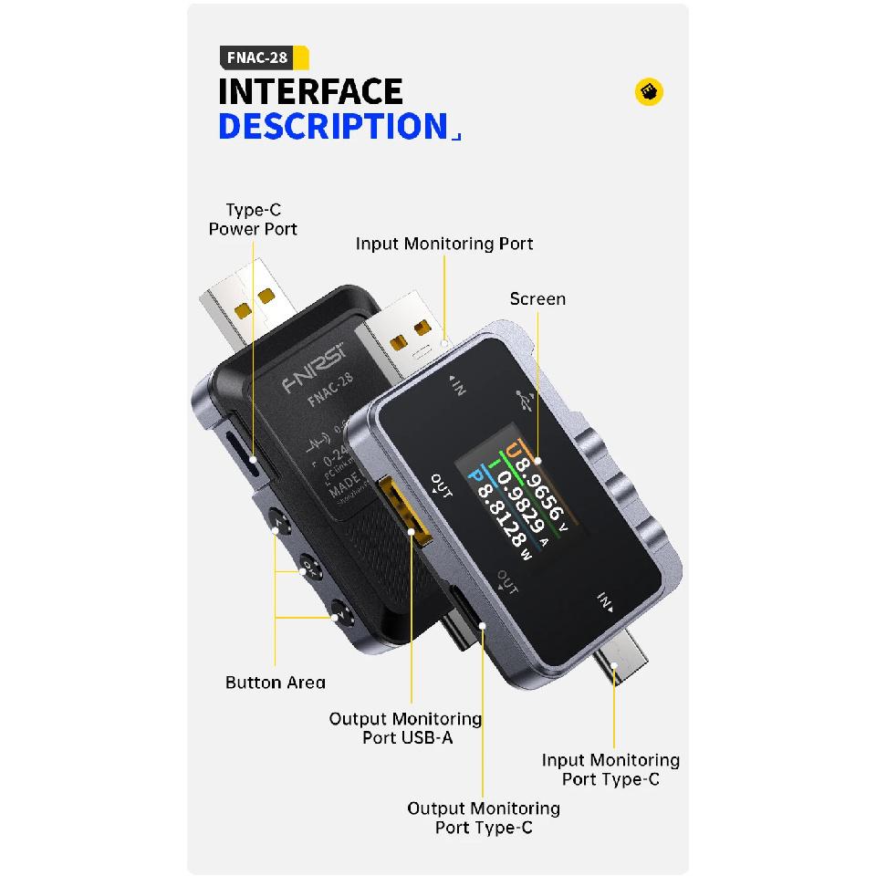 FNIRSI FNAC-28 2 IN 1 Type-C USB Tester Digital Voltmeter Ammeter Amperimetor Voltage Current Meter Power Bank Charger Measure