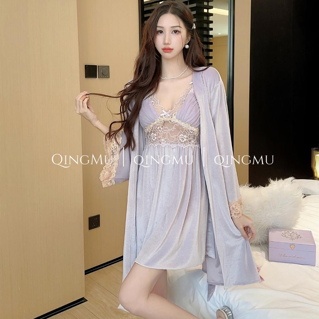 Autumn and winter suspender nightgown two-piece set sexy with chest pad golden velvet pajamas women's private sex loungewear autumn