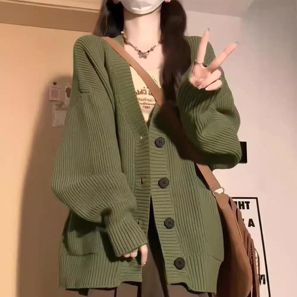 Retro Autumn and Winter College Style Pocket Lazy Style New Loose Casual Knitted Cardigan V-neck Sweater Jacket Women's Trend