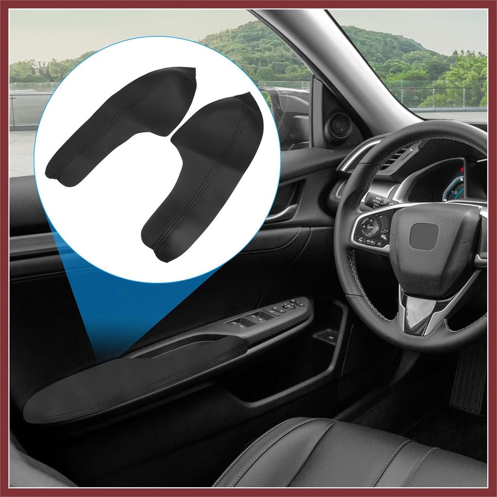 4Pcs/Set Car Door Armrest Protector Cover Microfiber Leather Pad Replacement for Honda Civic 10th Gen 2016 2017 2018 2019 2020 Black with Black Line