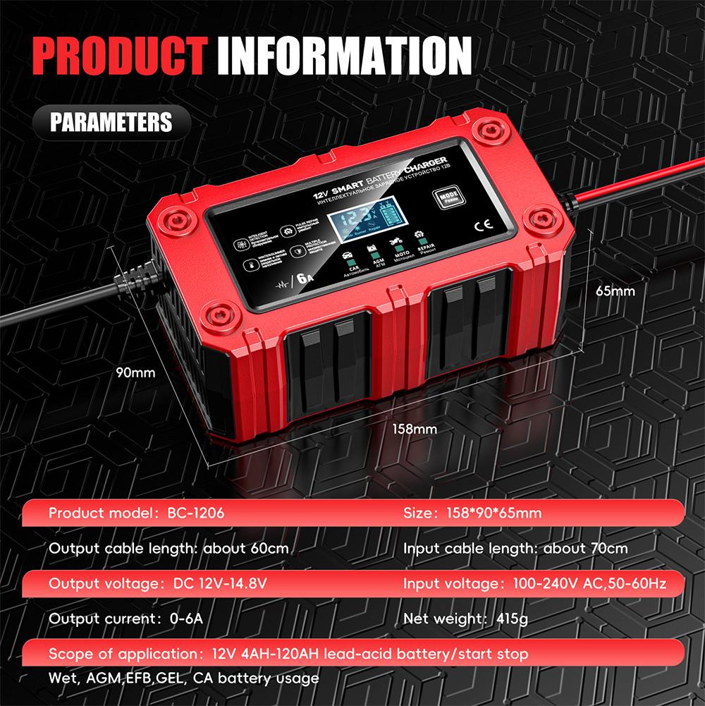 Intelligent Pulse Repair Multifunctional 12V 6A Portable Lead-Acid Smart Battery Charger Maintenance 2025 New Car Motorcycle SUV Battery Charging