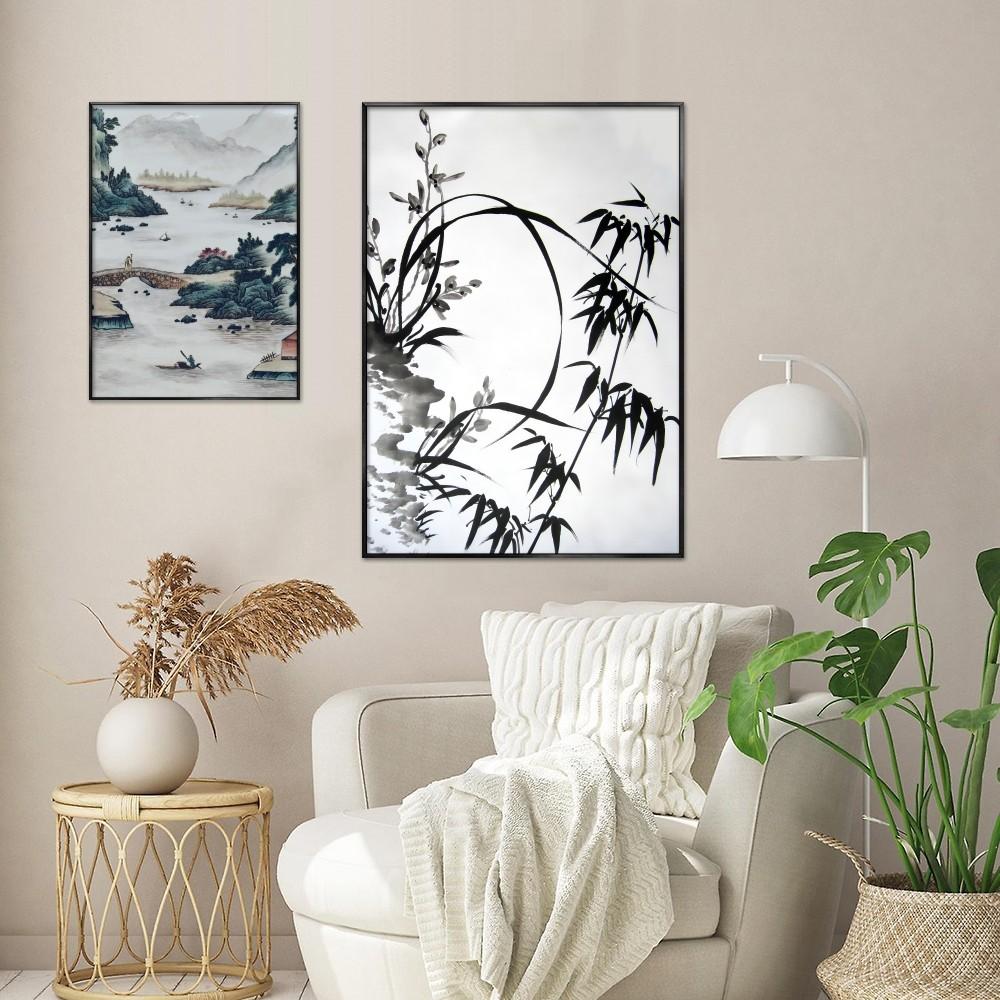 1pc Traditional Chinese Feng S-Shui Plum Orchid Bamboo Landscape Self-adhesive Art Poster Waterproof Paper Sticker Wall Decor