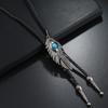 Poirot tie vintage sweater chain metal petal feather turquoise personality necklace bolo tie adjustable necklace