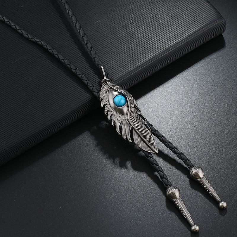 Poirot tie vintage sweater chain metal petal feather turquoise personality necklace bolo tie adjustable necklace