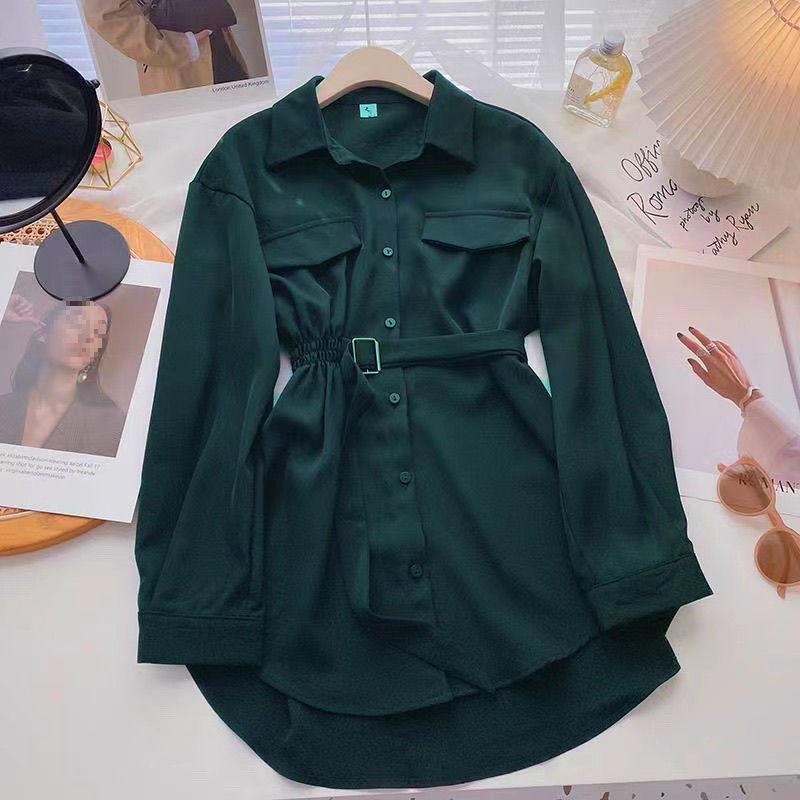 Women's Winter Mid-Length Korean Design Tie-up Long-Sleeved Shirt