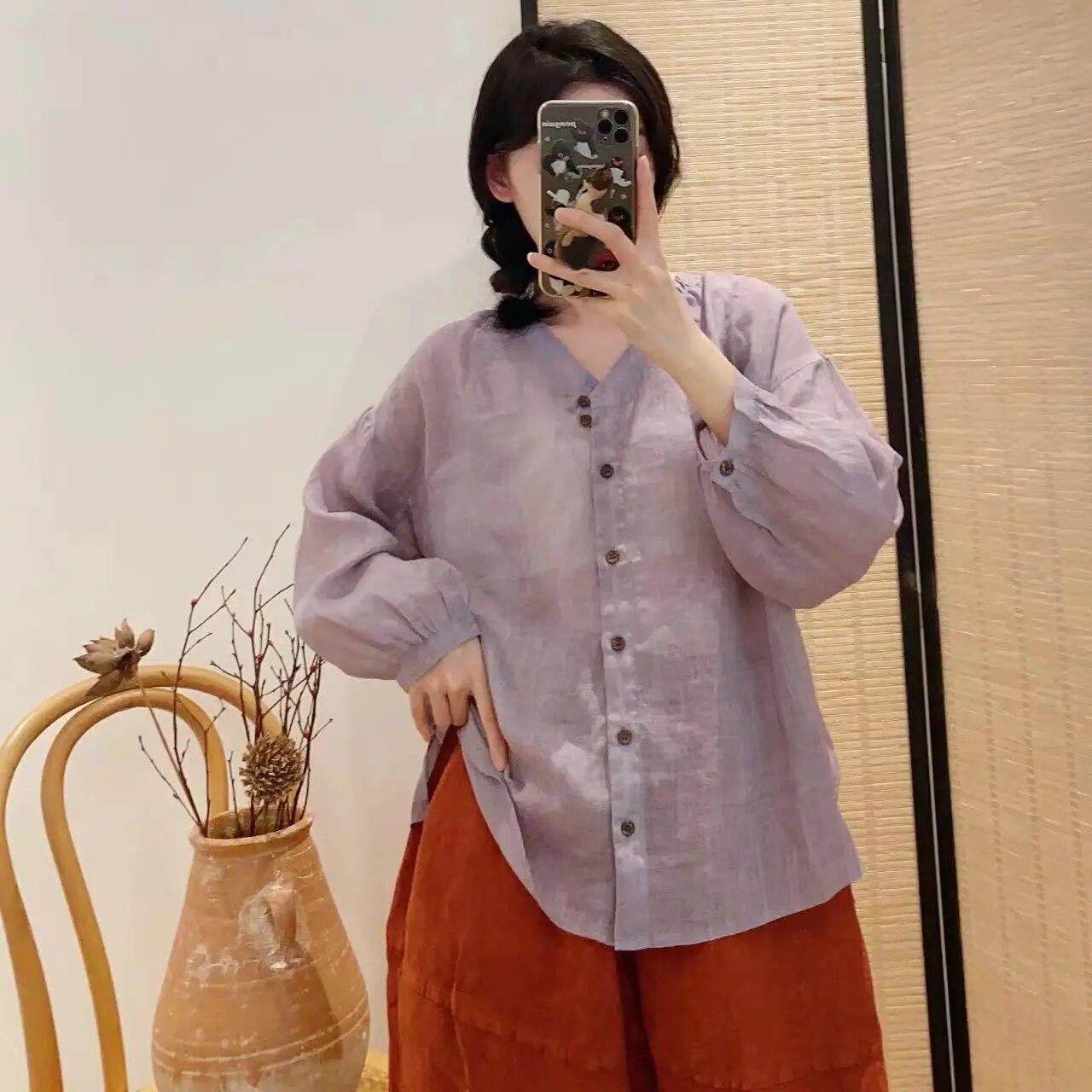 

Johnature ретро повседневная светло-фиолетовая рубашка женская весна лето тонкая солнцезащитная одежда свободные топы One Size фиолетовый