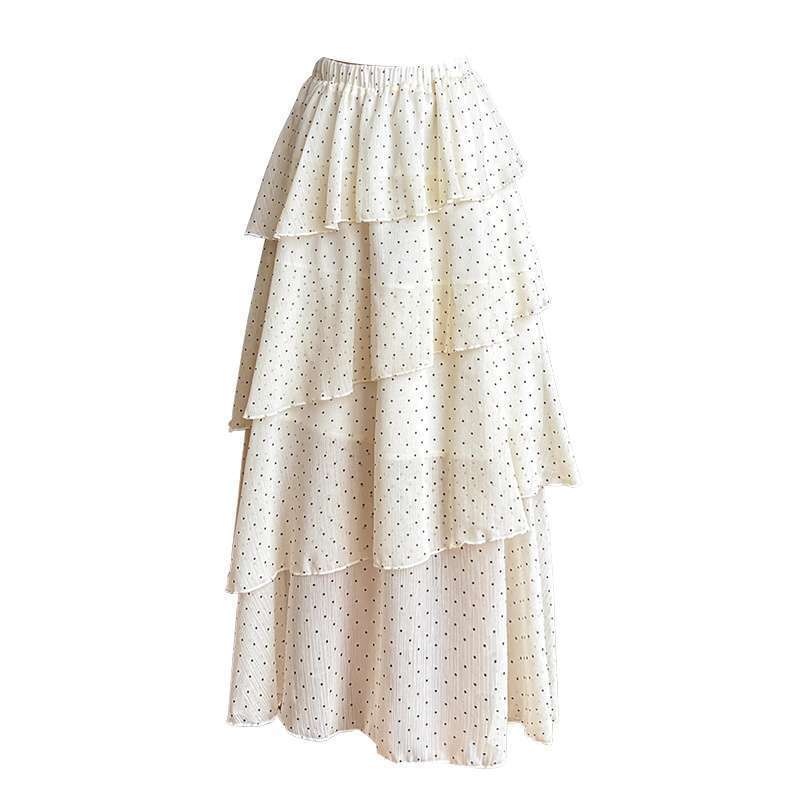 Qooth Polka Dot Ruffle Tiered Midi Skirt Asymmetric Patchwork Cake Skirt QT2878