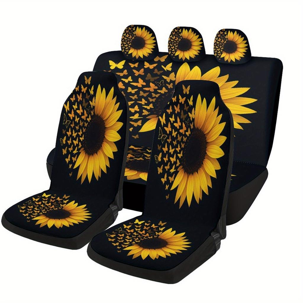 Sunflower Butterflies Designed Car Seat Cover Set For Most Cars, High-Quality Comfortable Car Seat Protector Covers Full Set, Un