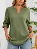 Women's Textured Split V-Neck Blouse with Roll-Up Long Sleeves and Curved Hem - Casual Loose Fit Tunic Top for Summer and Daily Wear.