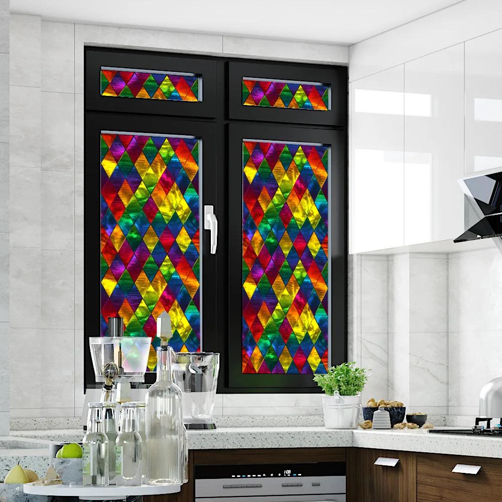 Colorful Stained Glass Window Film Retro Flowers Pattern Non-adhesive Window Decals Static Clings Non-Adhesive Window Stickers