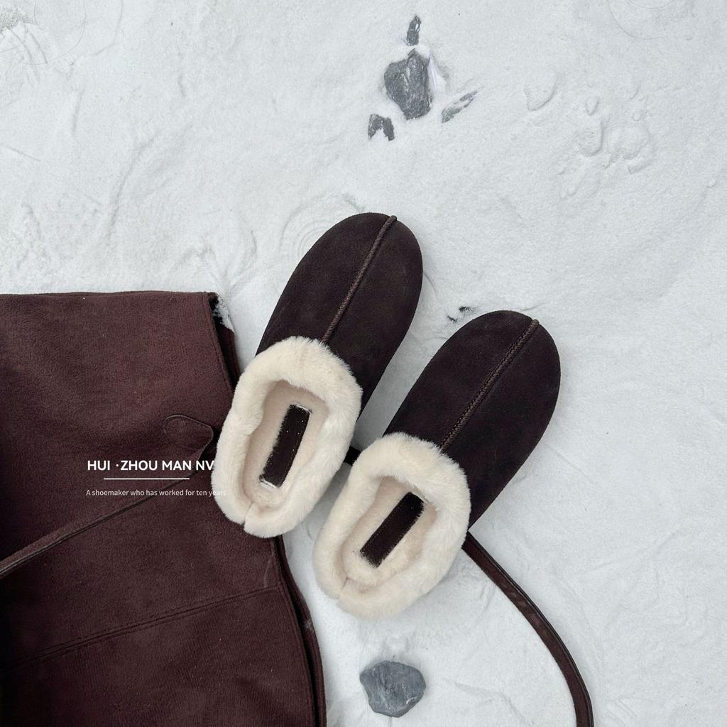 Leather Bag Head Thick-soled Muller Shoes for Women's Outer Wear 2025 Winter New One-pedal Boken Half Slippers Thermal Cotton Shoes