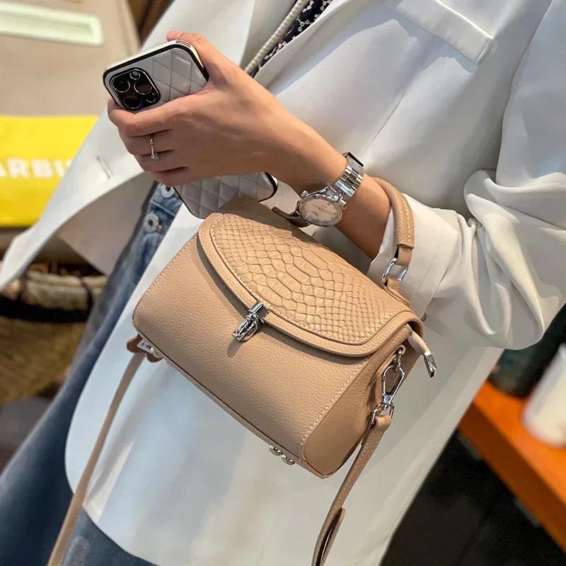 Female Cowhide Versatile Handbag Women Cow Real Leather Crossbody Bag Ladies Retro Fashi Temperament Square Shoulder Bag Purse