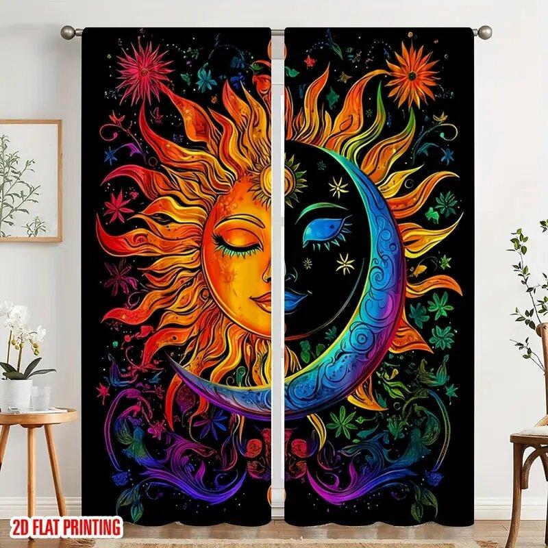 

Sun Moon Patterns Print Curtains Pole Bag Home Decoration Room Curtain Set Of 2 Made Polyester Washable W100*H70(CM)-Grommet top&2PCS