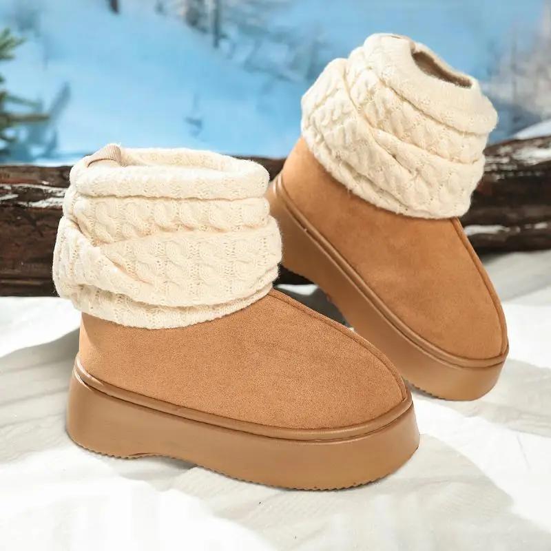 Fashion Thick Bottom Warm Faux Fur Snow Boots Women 2025 Winter Knitted Leg Covers Flat Heel Ankle Boots Sweet Non Slip Winter Shoes