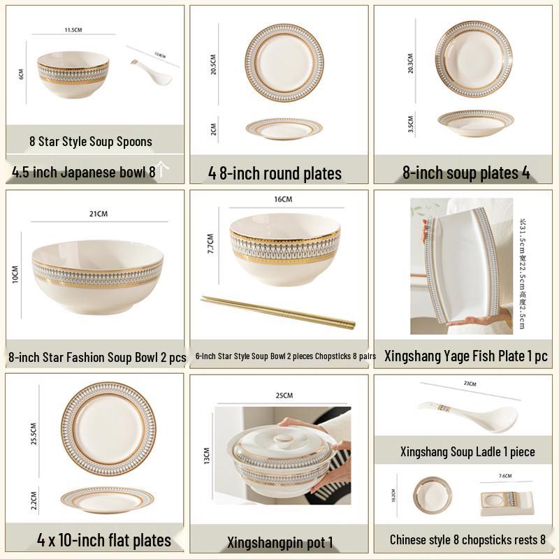European Style Gold Rim Ceramic Dinnerware Set - Includes Large Bowls, Soup Bowls, Plates, and Rice Bowls for New Year Celebrations.