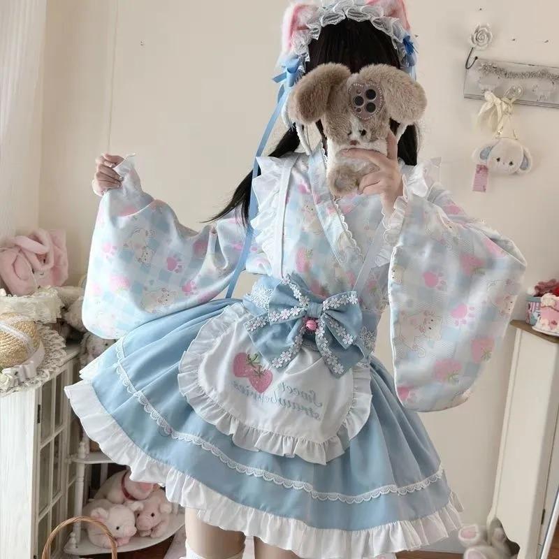 Damen Süßes Gelbes Erdbeer-Katzen-Print Kimono-Stil Lolita Kleid