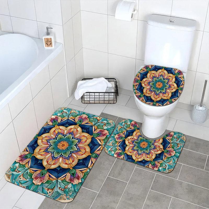 Mandala Pattern 3-Piece Bathroom Mat Set Non-Slip Plush Floor Mats for Toilet, Shower & Bathtub – Boho Decor Bath Rug Set