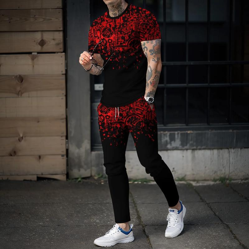 Neues Sommer-Sportswear-Set, kurzärmeliges T-Shirt und lange Hosen, 2-teiliges Set mit 3D-Spleißen, lässig und schön, Reise-Set in hoher Qualität