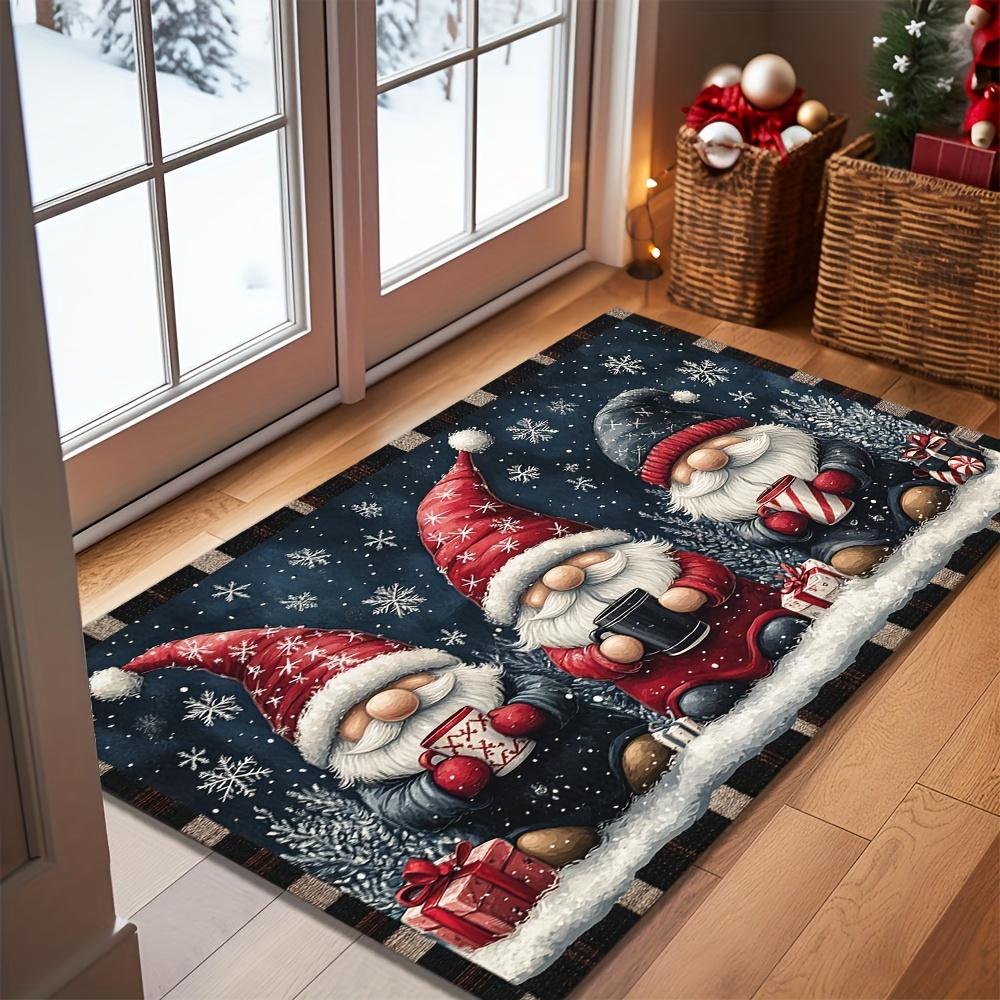 Festive Christmas Gnome Welcome Mat, Non-Slip Rectangular Doormat with Dual Edging, Machine Washable  Rug for Holiday Decor