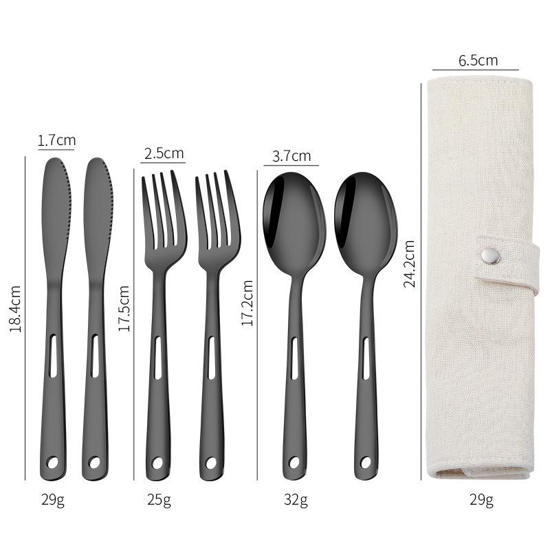 Stainless steel knife, fork and spoon 7-piece set, scroll-type storage bag, camping portable tableware