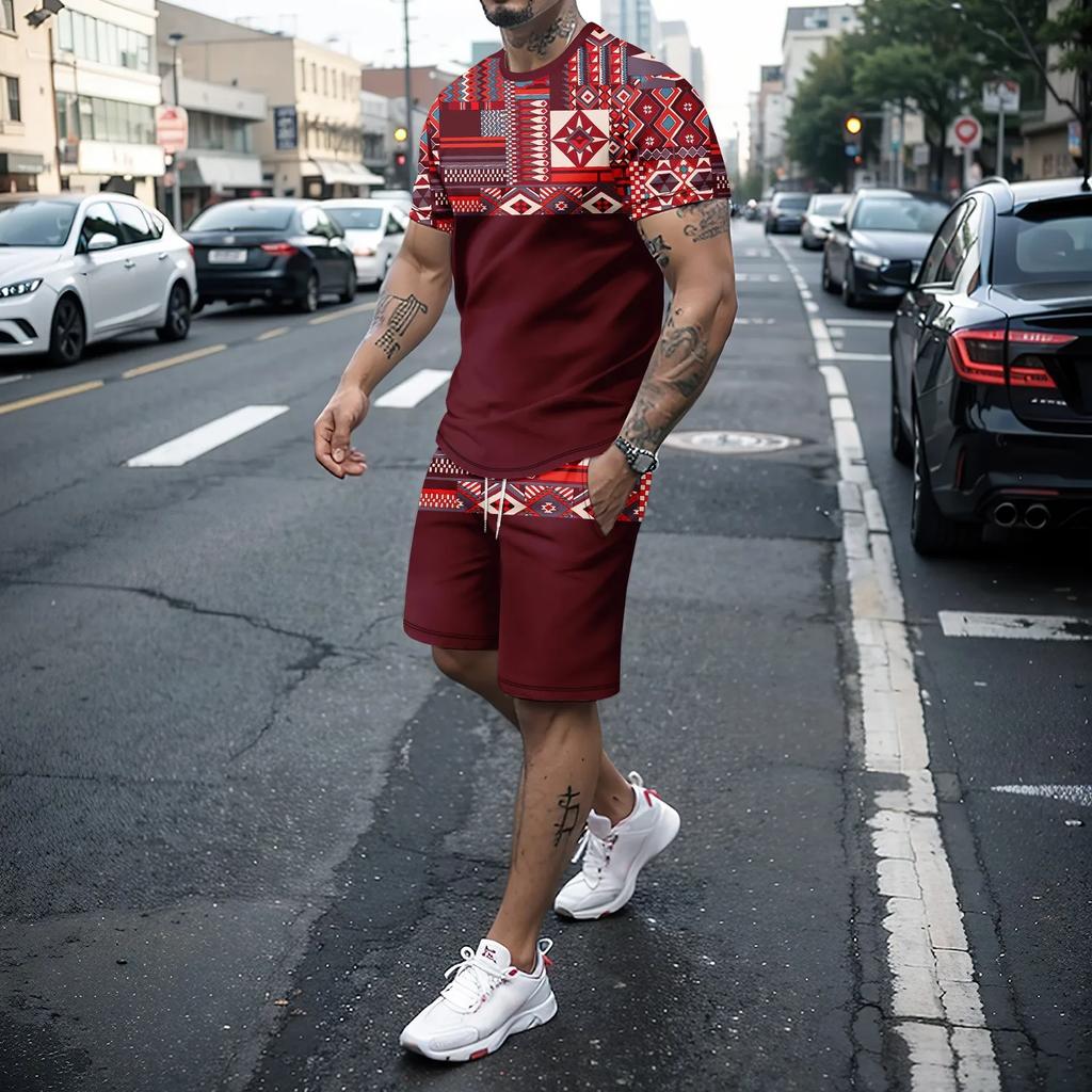 2-piece Men's Color Block Summer Leisure Outfit Set, Digital Print Men's Short Sleeve T-shirt & Drawstring Shorts With Pockets