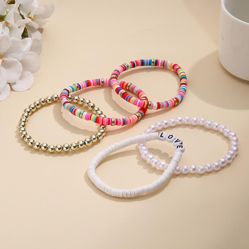 Ethnic Style Bohemian Bracelet, Colorful Soft Pottery Retro Temperament Pearl Soft Pottery Bracelet Bracelet Love5-Piece Set