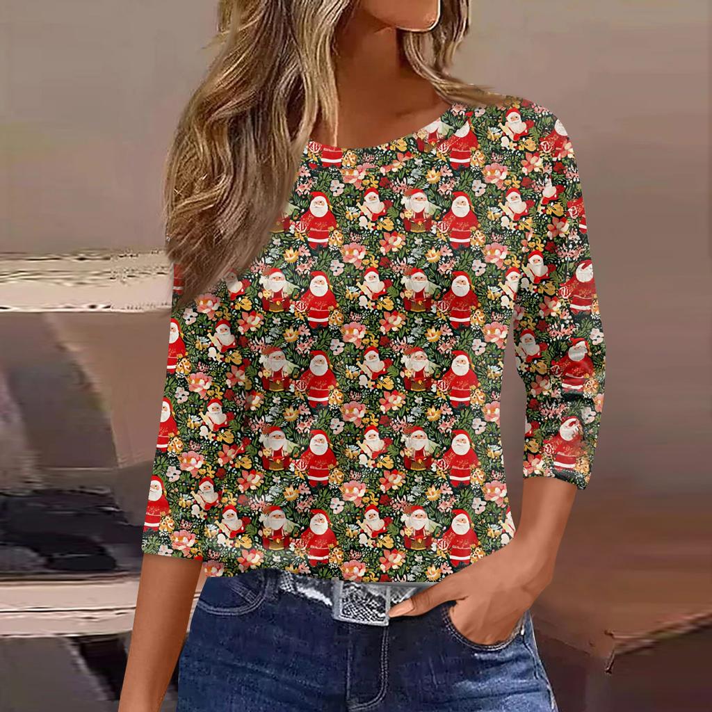 Women's Fashionable Casual Three Quarter Sleeve Christmas Printed Round Neck Top