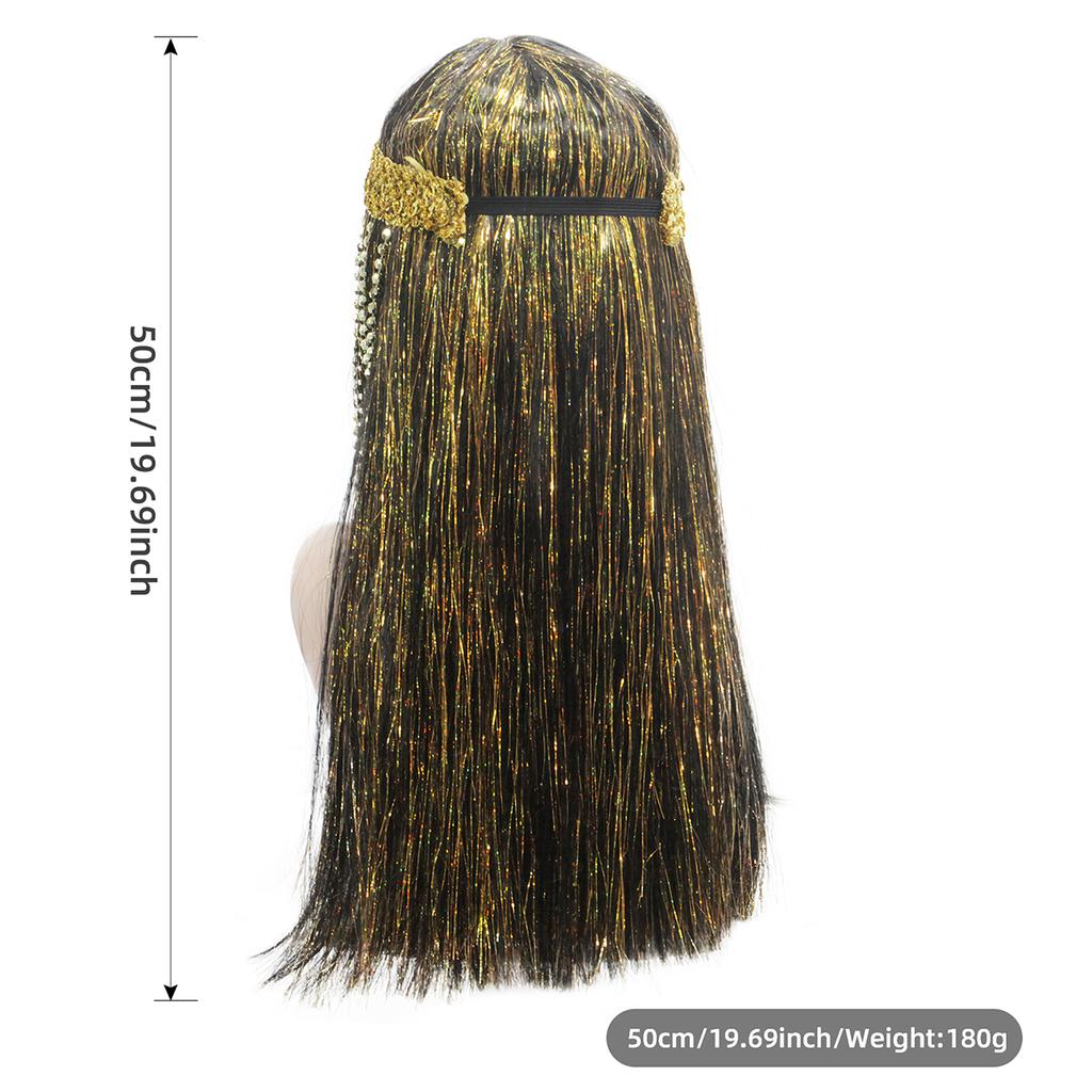 New Fashion Egyptian Queen Cosplay Wig-Golden Snake Head Headwear Golden Rain Silk Black Long Straight Synthetic Wig
