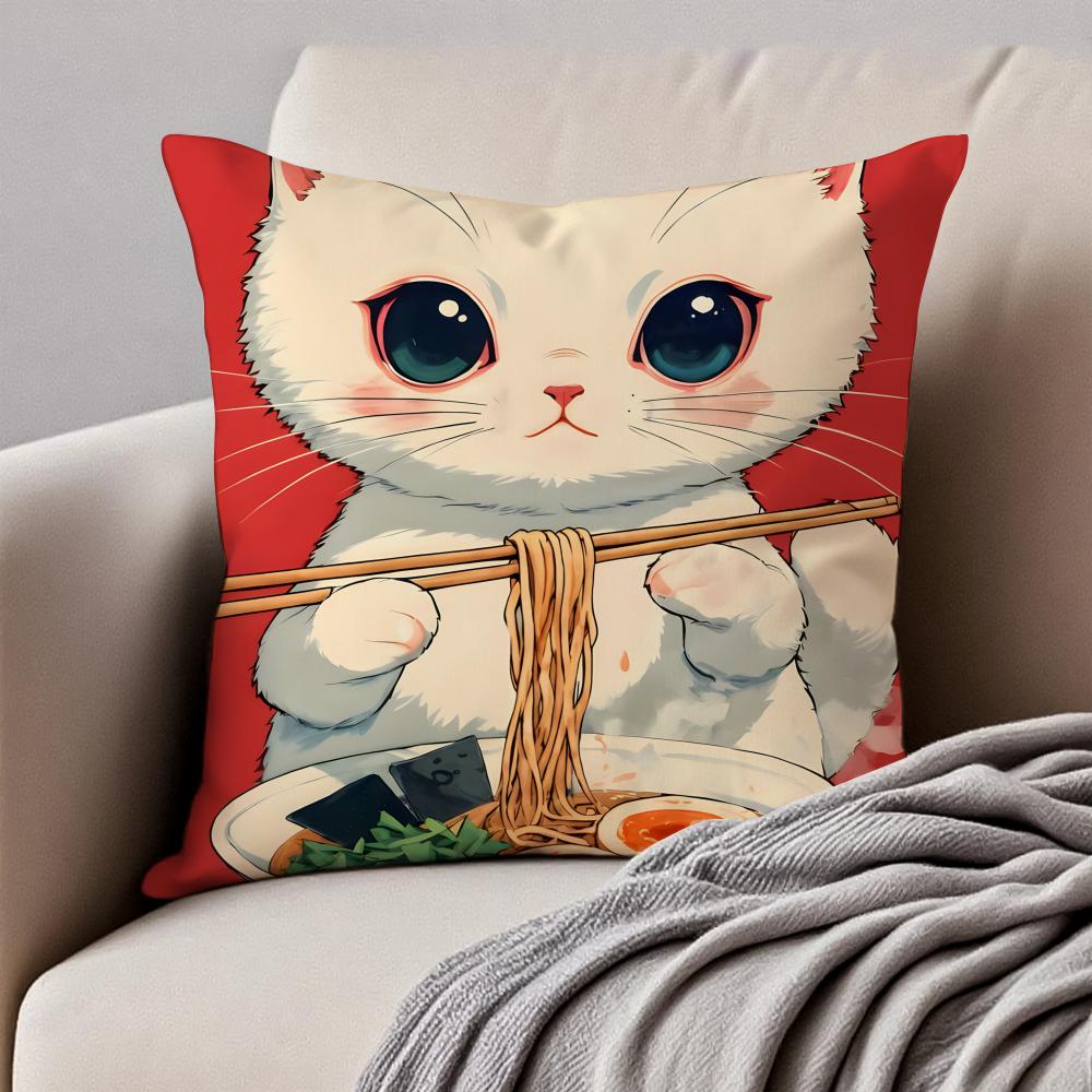 R-Ramen Animal Anime Painting Cushion Cover Pillowcase Anti-Dustmite Invisible Zipper Short Plush Sofa Cushion