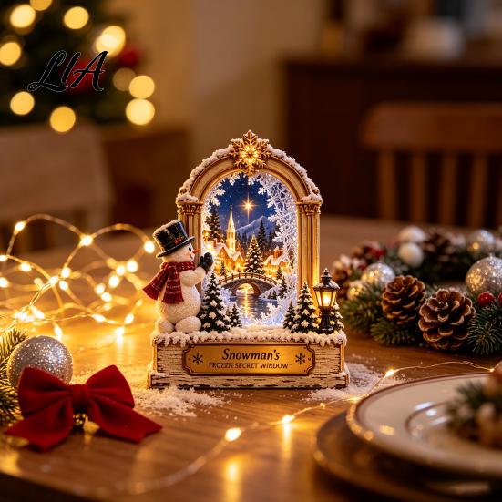 Holiday Party Table Settings Christmas Wooden Window Scene Figurine, Double-Sided Print Sign with Santa Workshop Indoor Displays Snow Town Train,