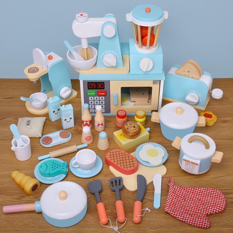 Playing House Wooden Kitchen Home Appliances Toys Children's Simulation Oven Bread Maker Juicer Cutting Music Kitchenware