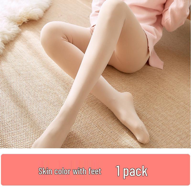 Women's Nude Fleece-Lined Pantyhose: Bare Leg Look, Footed, Autumn/Winter Style, Imitation Nylon One-Piece.