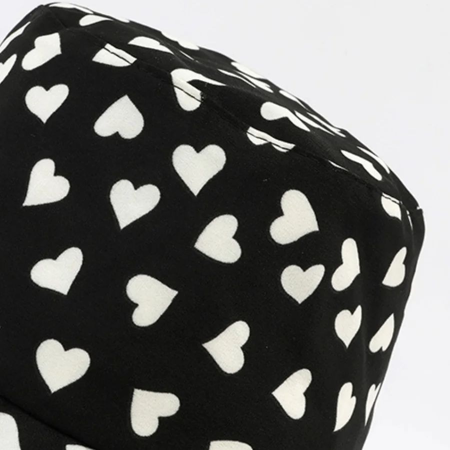 Women's Foldable Heart Print Bucket Hat Casual Sweet Fisherman Cap with Rope Bow Summer Sunshade Hat