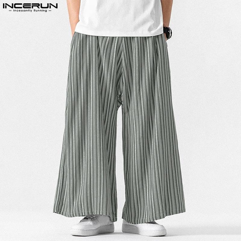 INCERUN Vintage Men Elastic Waist Striped Casual Loose Long Wide Legs Pants