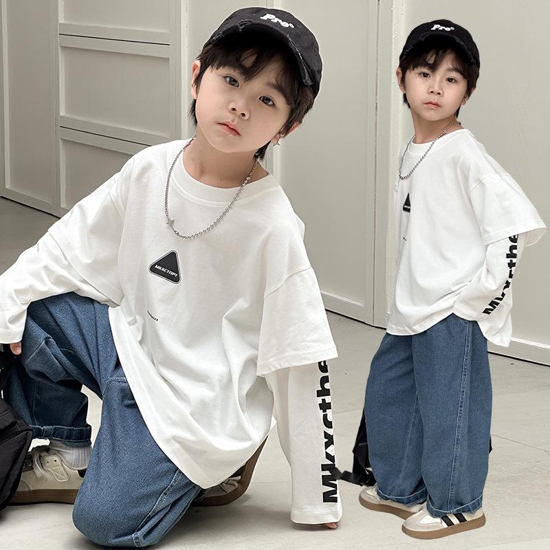 

Boys Trendy Hip-Hop Sweatshirt 2025: Autumn Style, Long-Sleeve Fake Two-Piece for Small and Medium Kids 110 cm белый