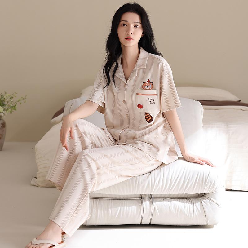 pure cotton pajamas women's summer short-sleeved trousers cartoon panda striped suit can be worn outside cotton loungewear in summer