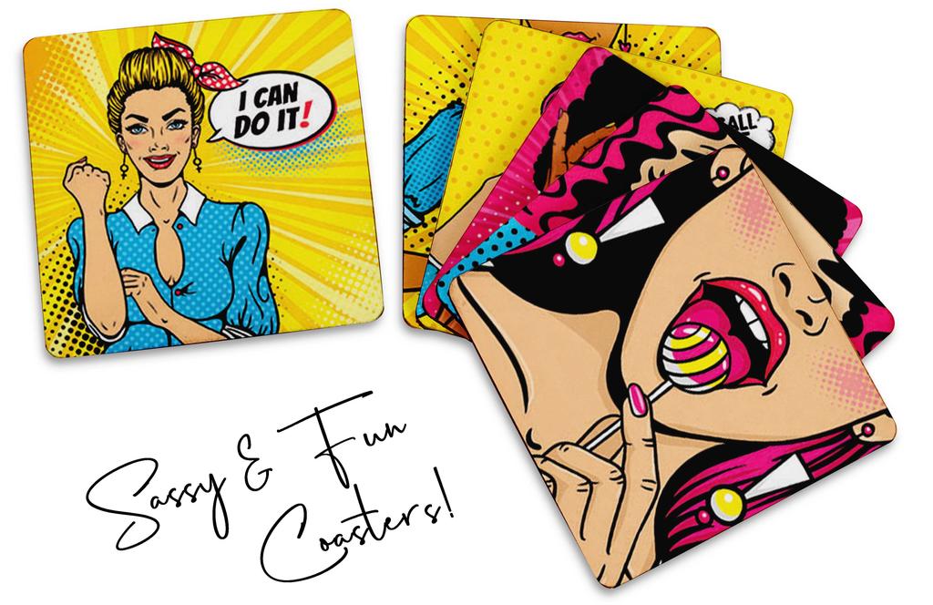 Inkdotpot Set of 6 Drink Coasters Easy Clean 4 Inch Square  Coasters  Cork Base-  Reusable- Funny Bachelor