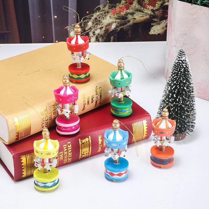 6PCS Christmas Wooden Carousel Horse Miniature Ornaments Christmas Tree Hanging Pendants New Year Gift Toy Kid Home Party Decor