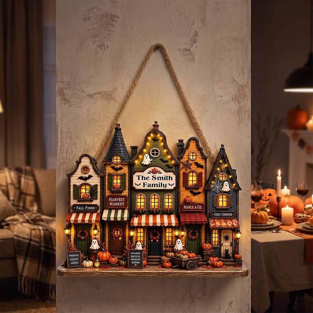 Autumn Halloween Wooden Ghost Castle Pumpkin House Style Courtyard Entrance Wall Welcoming Decoration Doorplate