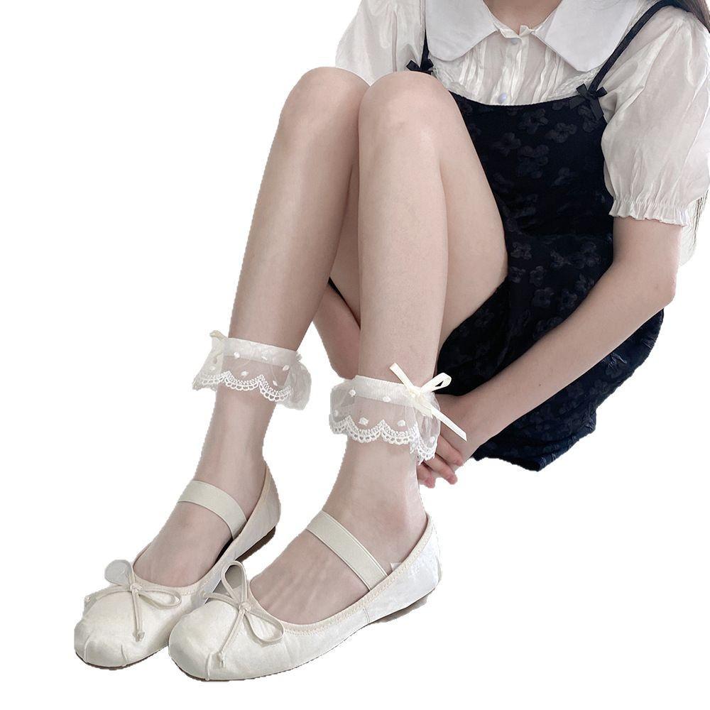 Women's Summer Lace-Trim Bow Mesh Socks - Mid-Calf, Breathable Glass Silk