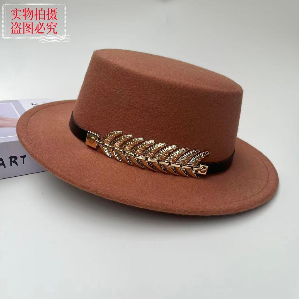 New Belt Buckle Woolen Hat British Retro Autumn and Winter Hat Men's and Women's Trendy Versatile Wide-brimmed Flat Top Top Top Hat