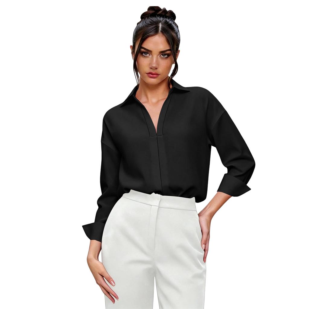 Women V Neck Lapel Long Sleeve Jumpsuit Shirt Casual Business Attire Loose Fit Button Down Top for Office Workwear