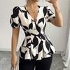 European Style Women Clothing Summer V-Neck Print Commuting Blouse