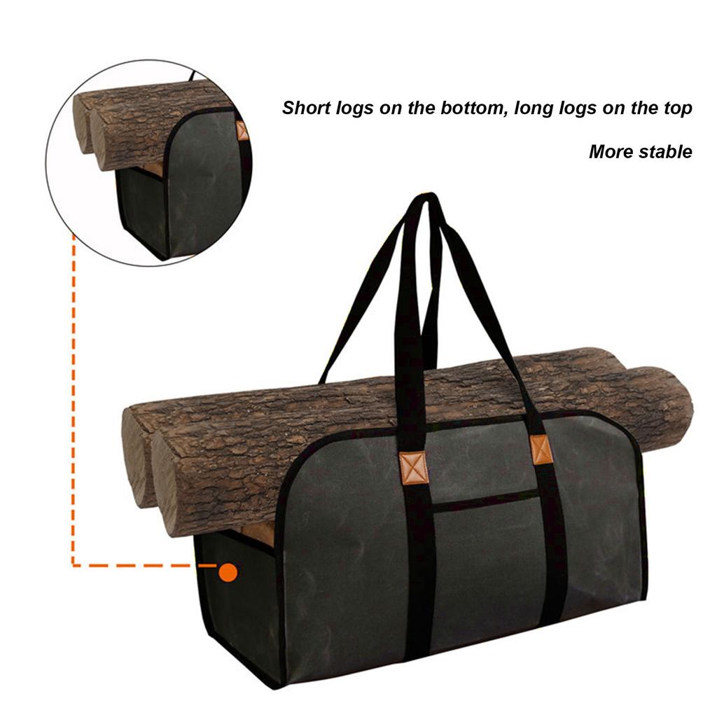 Log Carrier Waxed Canvas Dark Green Waterproof Large Capacity Reinforced Handles Foldable Anti Slip Firewood Bag for Camping Wood Fire Stove Fireplace
