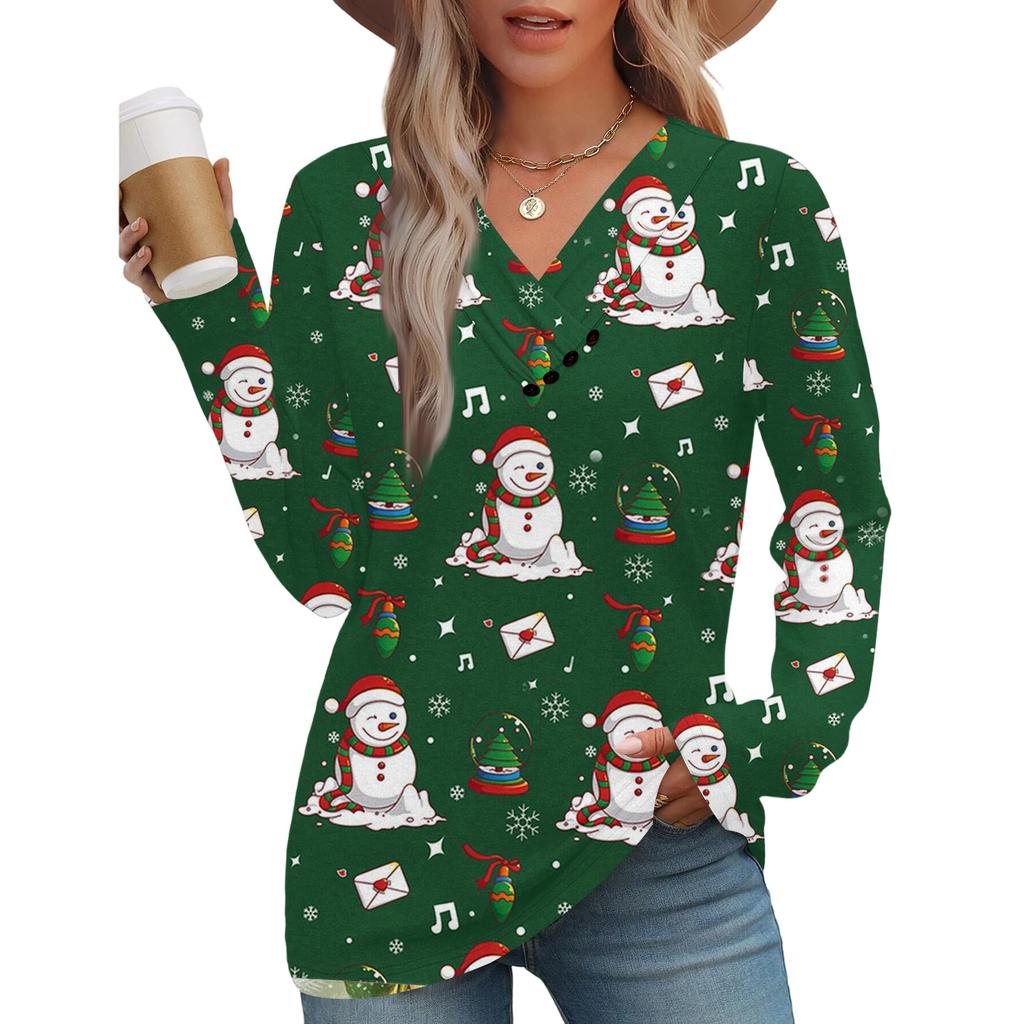 Women's Fashion Casual V-neck Pleated Christmas Long Sleeve Top