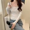 Femei primăvară toamnă guler pătrat cu mânecă lungă, culoare solidă, îmbrăcăminte subțire, pulover scurt din tricot