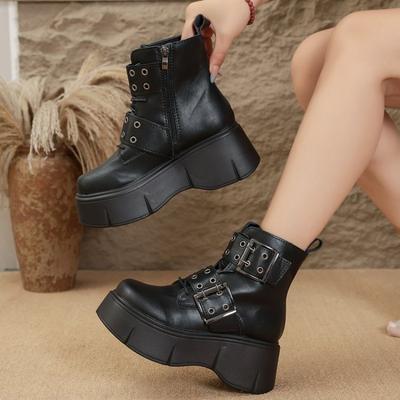Autumn New Platform Block Heel Women's Mid-Tube Lace-Up Belt Buckle Skinny and Heightened Hundred-Hitch Car Boots