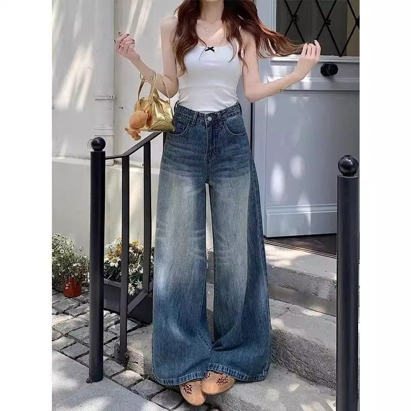 

American High Street Retro Worn Looking Washed-out Creases Denim Women s Summer Small High Waist Loose Drooping Wide-Leg Pants Retro Blue pants 155-165 XL