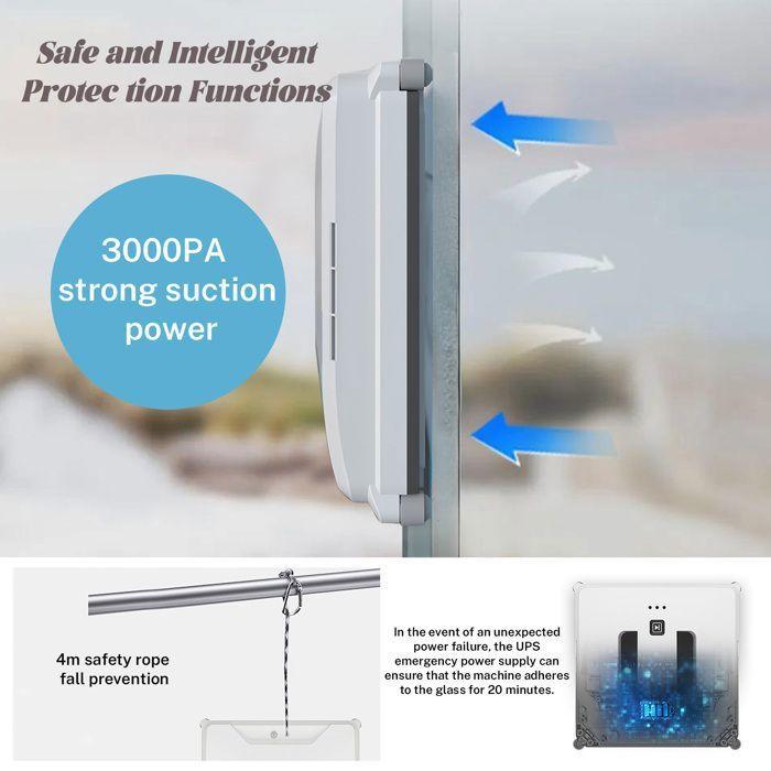 3000Pa smart window washer robot, edgeless detection, 3 modes, UPS security, 4.5m cable, remote control included